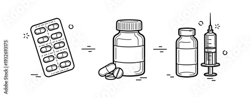 Assorted medical supplies: pills, bottles, syringe in simple line art