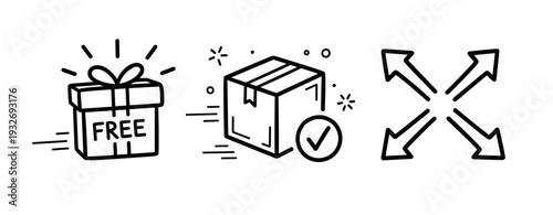 Free gift unboxing with checkmark and arrows icon illustration in black and white