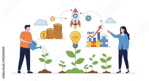 Man waters plants while a woman points to a rising graph, with a rocket and coins, symbolizing business startup, growth, and investment strategy.