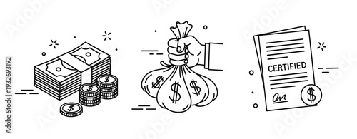 Financial concept illustration: money, savings, and certification symbols