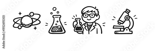 Cartoon science icons with caucasian male scientist and lab equipment