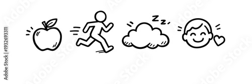 Healthy lifestyle icons: apple, running, sleeping, smiling face