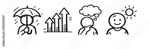 Conceptual doodles: weather protection, growth, thinking, happiness