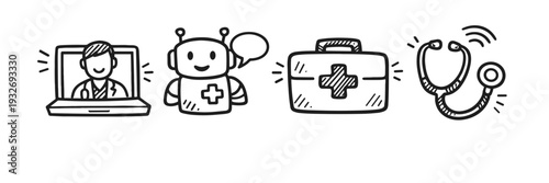 Telemedicine and ai in healthcare: doctor, robot assistant, medical kit, stethoscope