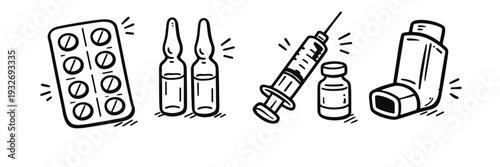 Medical supplies illustration with pills, ampoules, syringe, vial, and inhaler