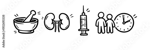 Healthcare icons: mortar, kidneys, syringe, people, clock