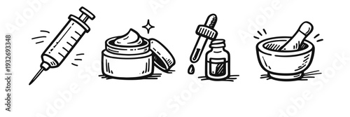 Hand-drawn skincare elements: syringe, cream, dropper, mortar and pestle
