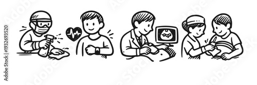 Medical professionals caring for patients: doctor and nurse examining diverse patients