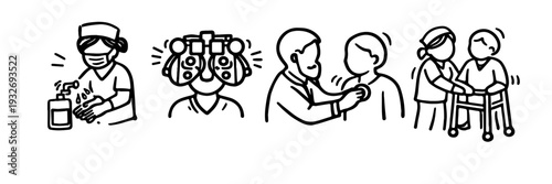 Healthcare illustrations: doctor, auto-refraction, stethoscope, physical therapy