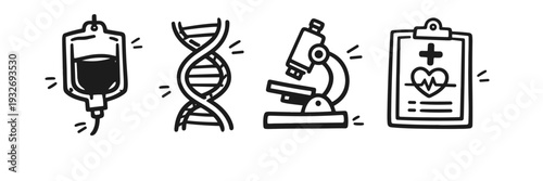 Medical science icons: blood bag, dna helix, microscope, health report