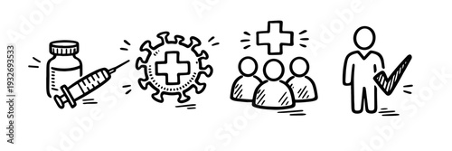 Hand-drawn medical icons: vaccine, virus, group immunity, healthcare symbols