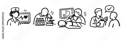 Healthcare professionals in medical settings: nurse, lab technician, surgeon, doctor