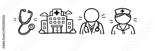 Healthcare doodles: hospital, stethoscope, doctor and nurse icons