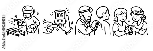 Healthcare professionals providing care: surgery, blood test, examination, and vaccination