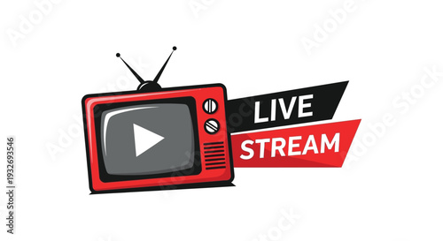 Classic retro television set vector illustration with live stream broadcast notification graphic design
