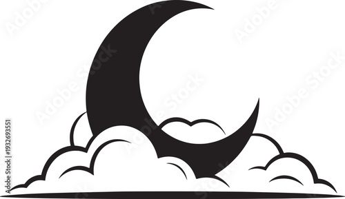 Black crescent moon partially obscured by stylized white clouds against a white background