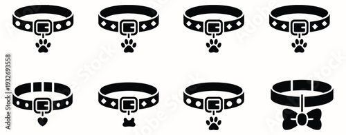 Dog, accessory collar icon set with paw print tags and bowtie designs, pet fashion and animal care symbols, clean vector graphics, stylish pet supplies