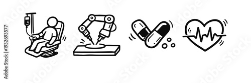 Medical icons - patient treatment, robotic surgery, medication, heart health symbols