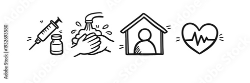 Vaccination, handwashing, quarantine, and heartbeat icons promoting health