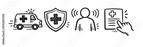Healthcare icons set: ambulance, shield, person, medical document