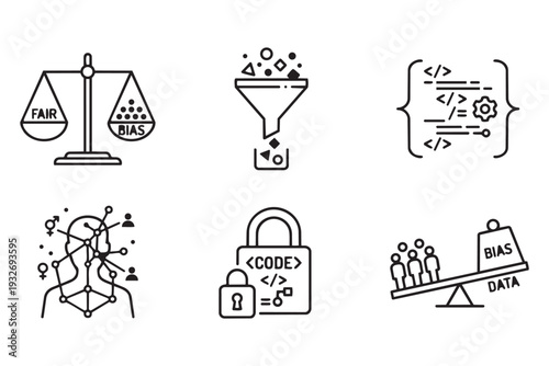 Algorithmic Bias, AI Ethics and Machine Learning Fairness Accountability Minimalist Mono-line Icon Set Vector Illustration