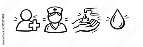 Healthcare and hygiene icons: medical staff, clean hands, water drop