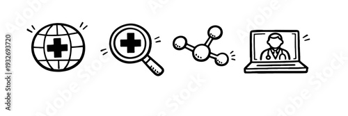 Global medical network with online healthcare and molecular research icons
