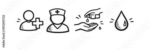 Healthcare icons: medical professional, nurse, hand sanitizing, water drop symbols