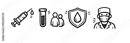 Vaccination process icons: syringe, test tube, group, shield, doctor illustration