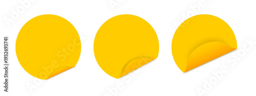 Set of round yellow stickers with turned back sticky edges isolated on white background. Empty paper note labels with folded corners. Vector realistic illustration.