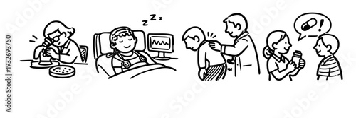 Illustration of sleep study process with gender-neutral medical consultation
