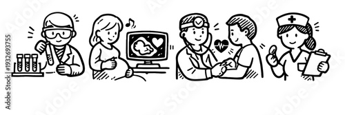 Healthcare scenes: lab scientist, pregnant woman, doctor examining male child, female nurse