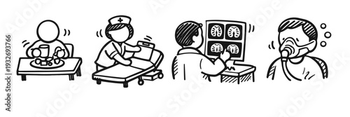 Healthcare icons: patient care, nurse, x-ray analysis, oxygen mask