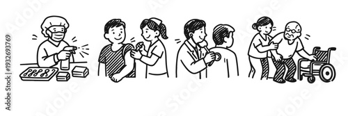 Healthcare workers assisting diverse patients in various medical situations