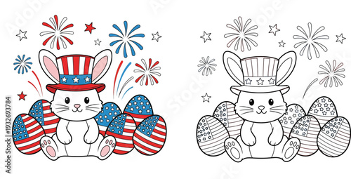 Patriotic Easter Bunny with USA Flag Eggs and Fireworks