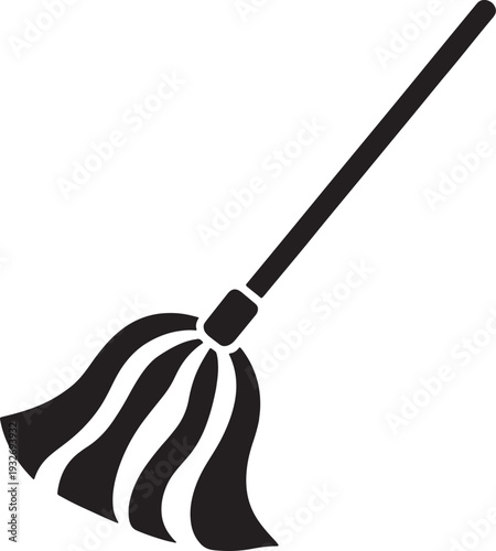 Black silhouette of a mop with a long handle and flowing strands on a white background