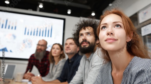 Woman and group of diverse people in business meeting. Professionals attending presentation in office conference room. Business team listening to speaker concept.