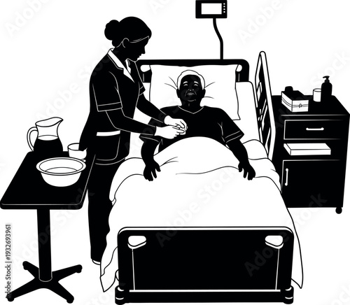 Nurse or Caregiver Providing Bedside Care to Elderly Patient, Geriatric Nursing Illustration, Assisted Living Support, Clinical Healthcare Silhouette.