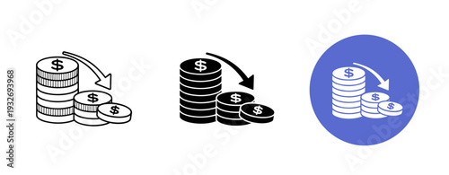 Decreasing coin stack icons on white and blue backgrounds