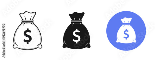 Three money bag icons: sketch, solid black, and blue circle variations