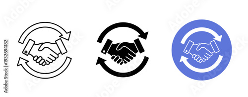 Handshake icon set with circular arrows in monochrome and blue variations