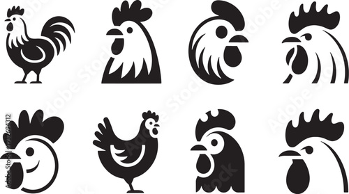 Collection of black and white stylized rooster and hen on a white background chicken