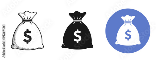 Three money bags icons: sketch, solid black, and blue circle variants