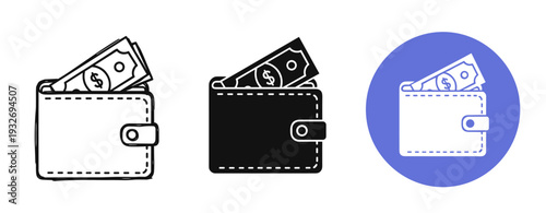 Wallet icons with cash in minimalist black and white design