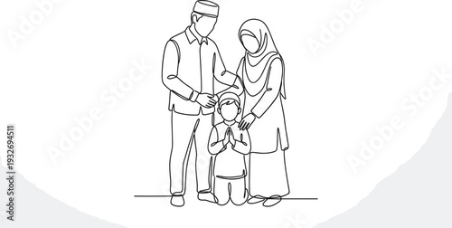 Minimalist Muslim Family Continuous Line Art with Father Mother and Son for Modern Eid Mubarak and Islamic Greeting Card Design