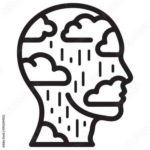 Minimalist line art icon of a human head profile containing storm clouds and falling rain, representing depression, mental health struggles, and emotional sadness in a clean vector style.