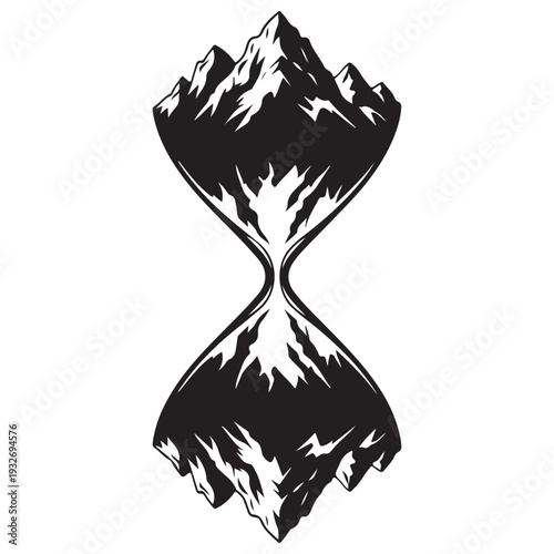 Conceptual mountain hourglass illustration representing the passage of time and the permanence of nature in a minimalist black and white vector style with sharp peaks and mirrored reflection.