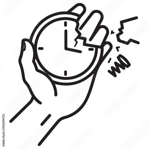 Minimalist Line Art Illustration of a Human Hand Holding and Crushing a Breaking Clock, Symbolizing Time Pressure, Stressful Deadlines, and the Concept of Wasted Time on White Background.