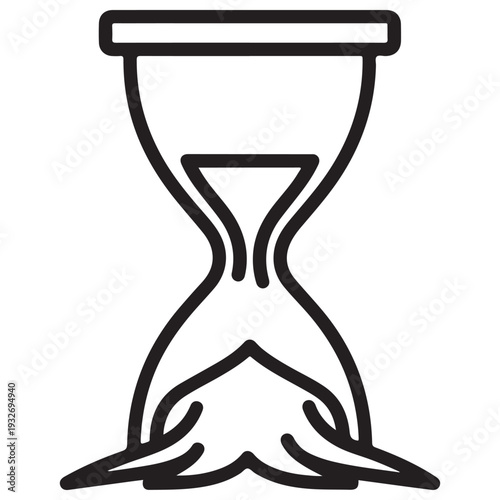 Minimalist black line art hourglass icon with sand flowing and melting at the base, representing time management, urgent deadlines, and the fluid nature of time in a clean vector style.