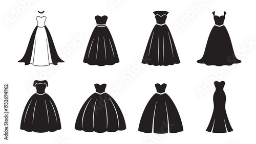 Collection of Elegant Black Silhouette Dresses, Ballgowns and A-Line Styles, Fashion Design Vector Graphic